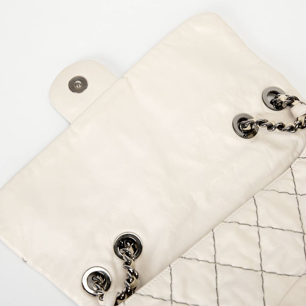 Chanel Flap Bag Off‑White Lambskin Contrast Black Stitching Ruthenium‑Tone Hardware