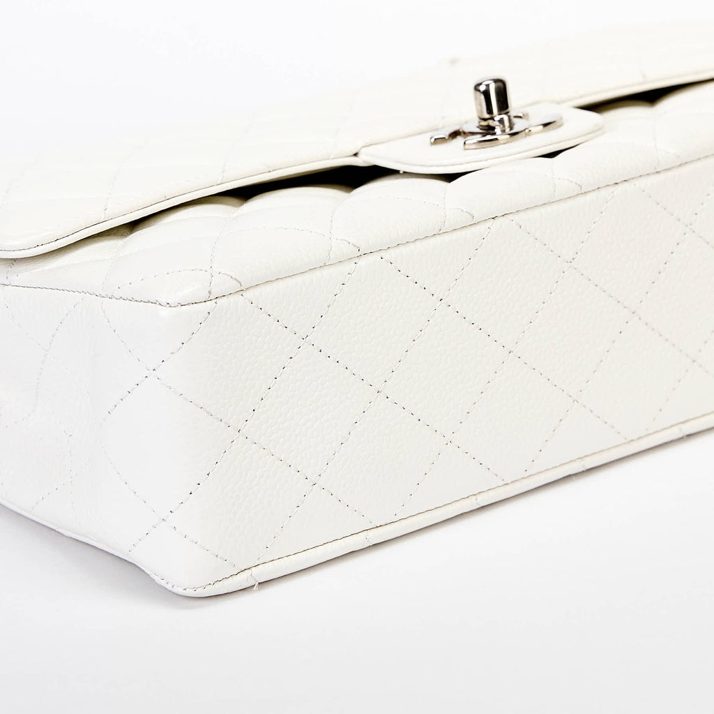 Chanel Classic Flap Bag White Caviar Leather Silver‑Tone Hardware