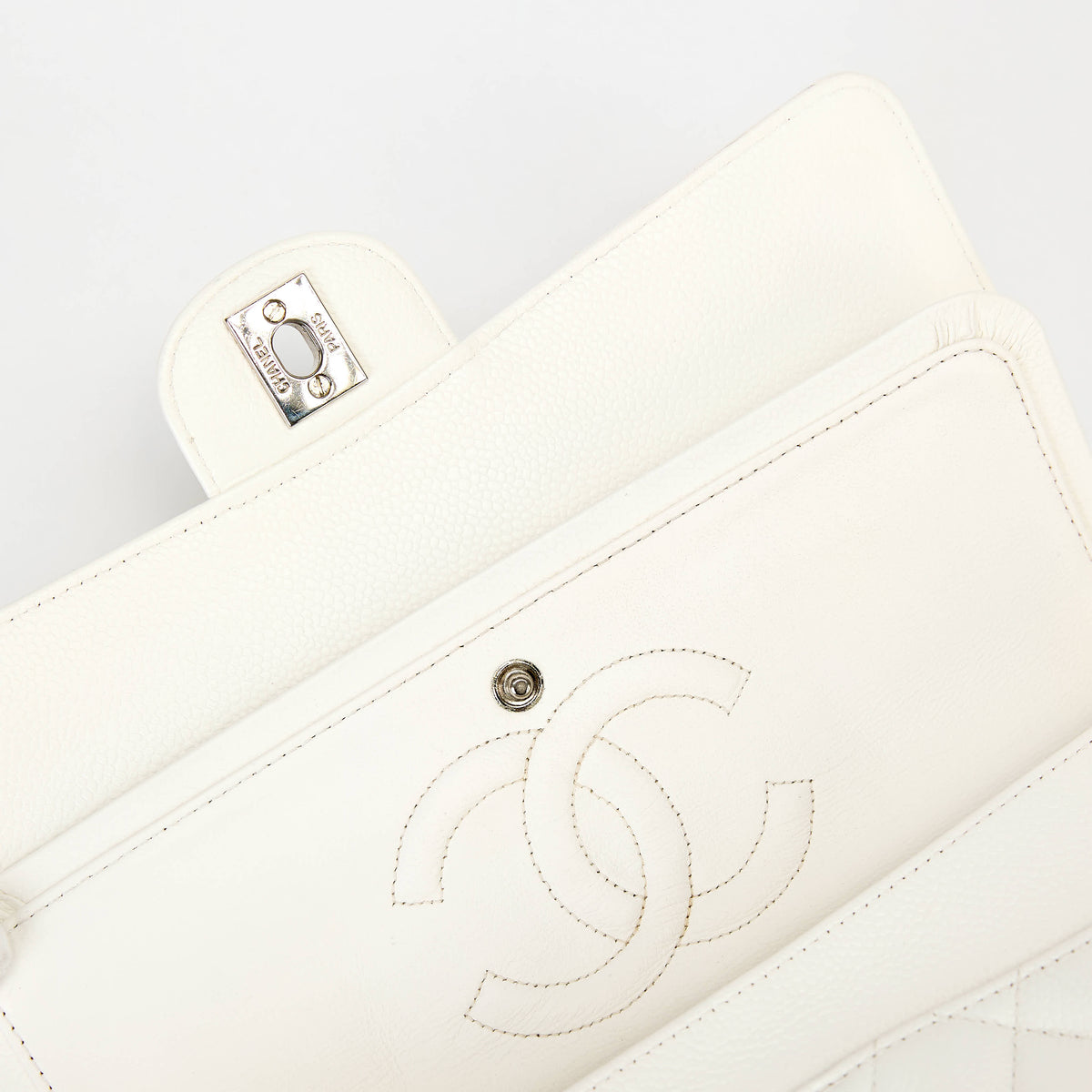 Chanel Classic Flap Bag White Caviar Leather Silver‑Tone Hardware