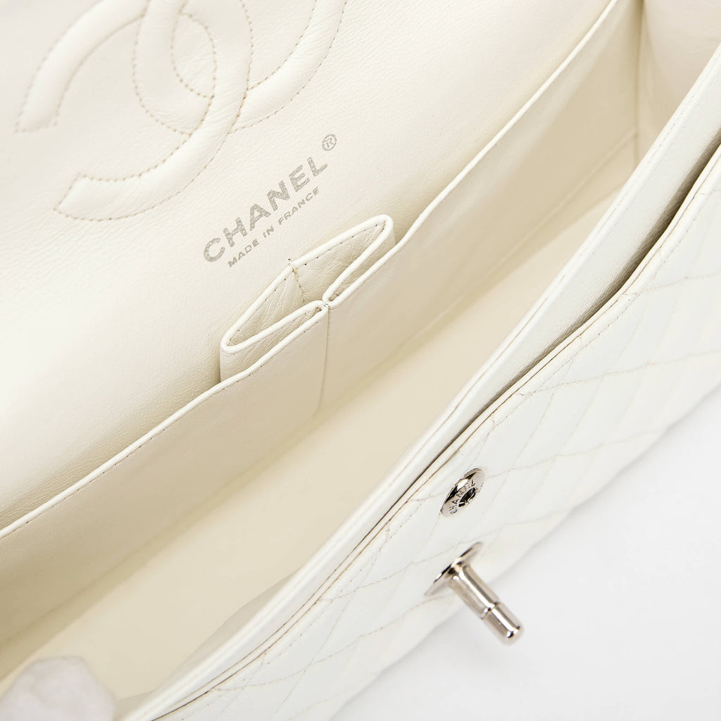 Chanel Classic Flap Bag White Caviar Leather Silver‑Tone Hardware
