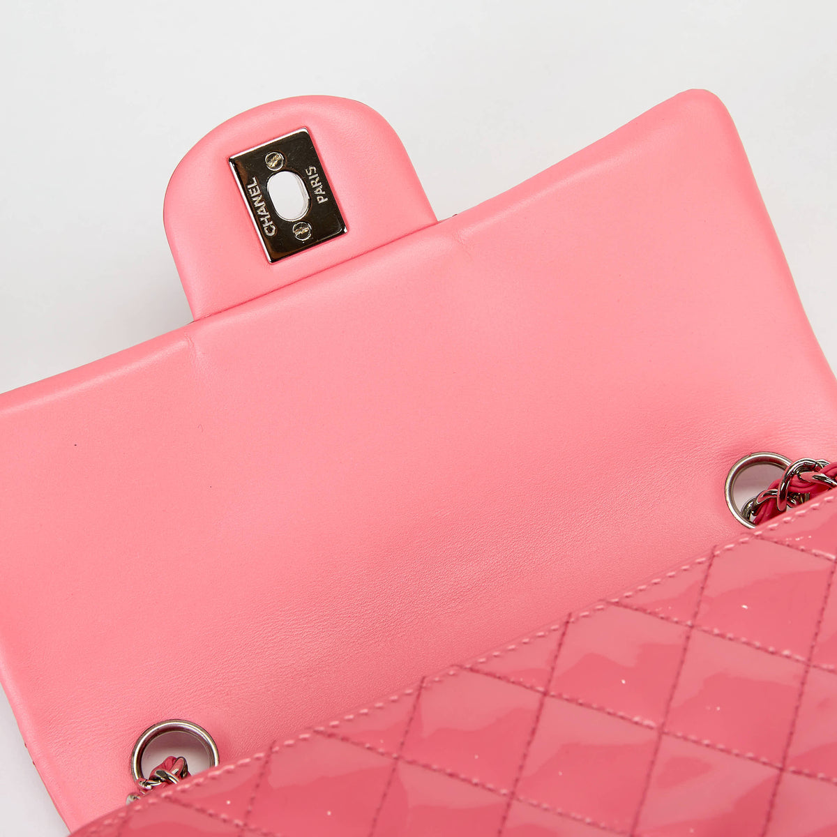 Chanel Small Classic Flap Bag Bubblegum Pink Patent Leather Silver‑Tone Hardware