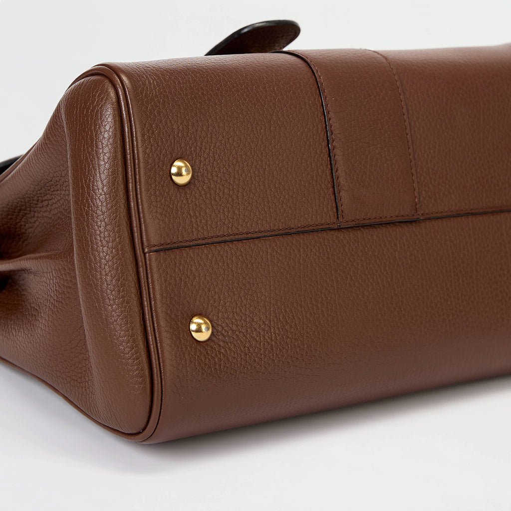 Delvaux Brillant MM Brown Grained Leather Gold Hardware Top‑Handle Bag with Strap