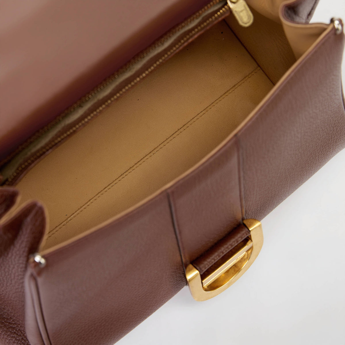 Delvaux Brillant MM Brown Grained Leather Gold Hardware Top‑Handle Bag with Strap