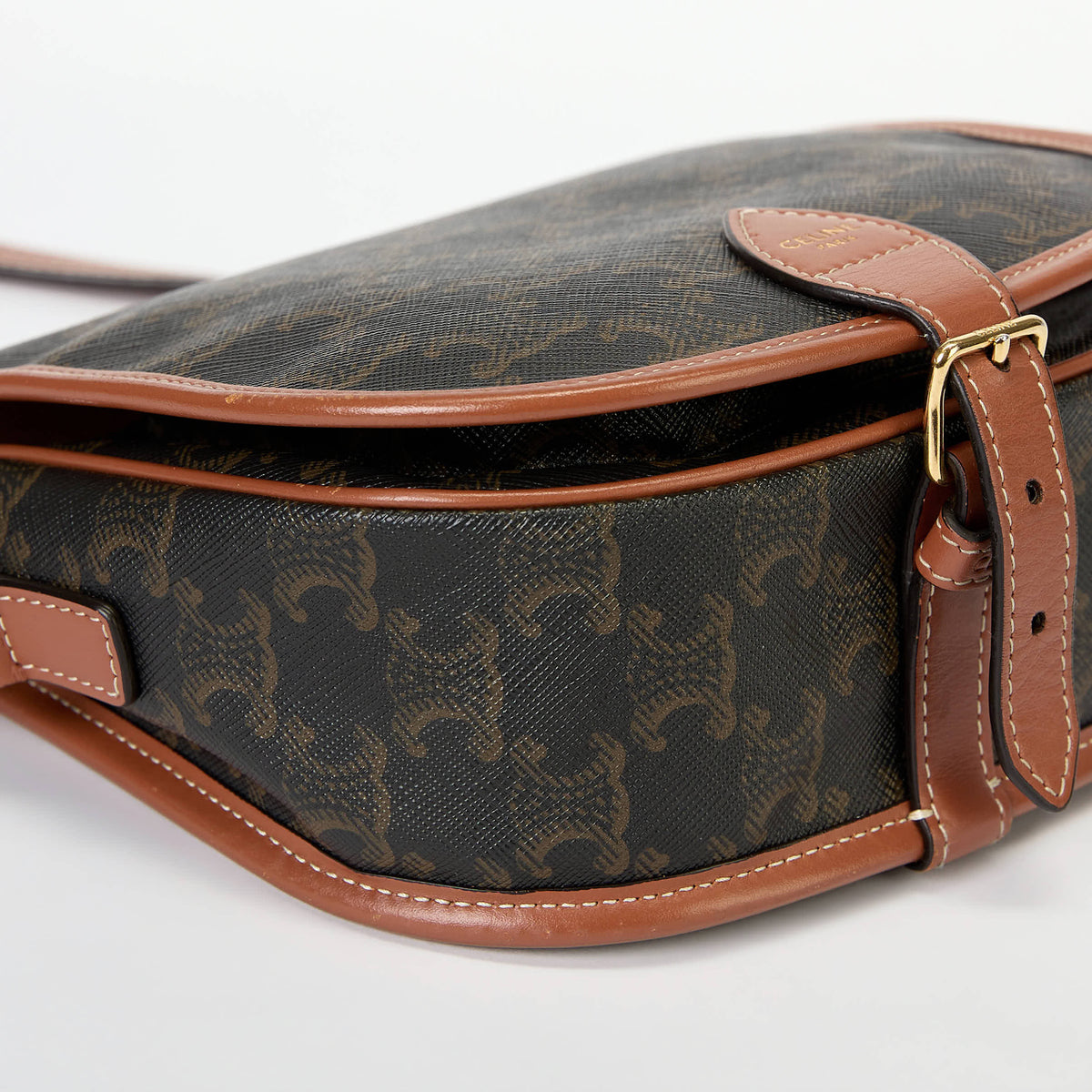 Celine Folco Triomphe Canvas Saddle Crossbody Bag Tan Leather Trim Gold Hardware