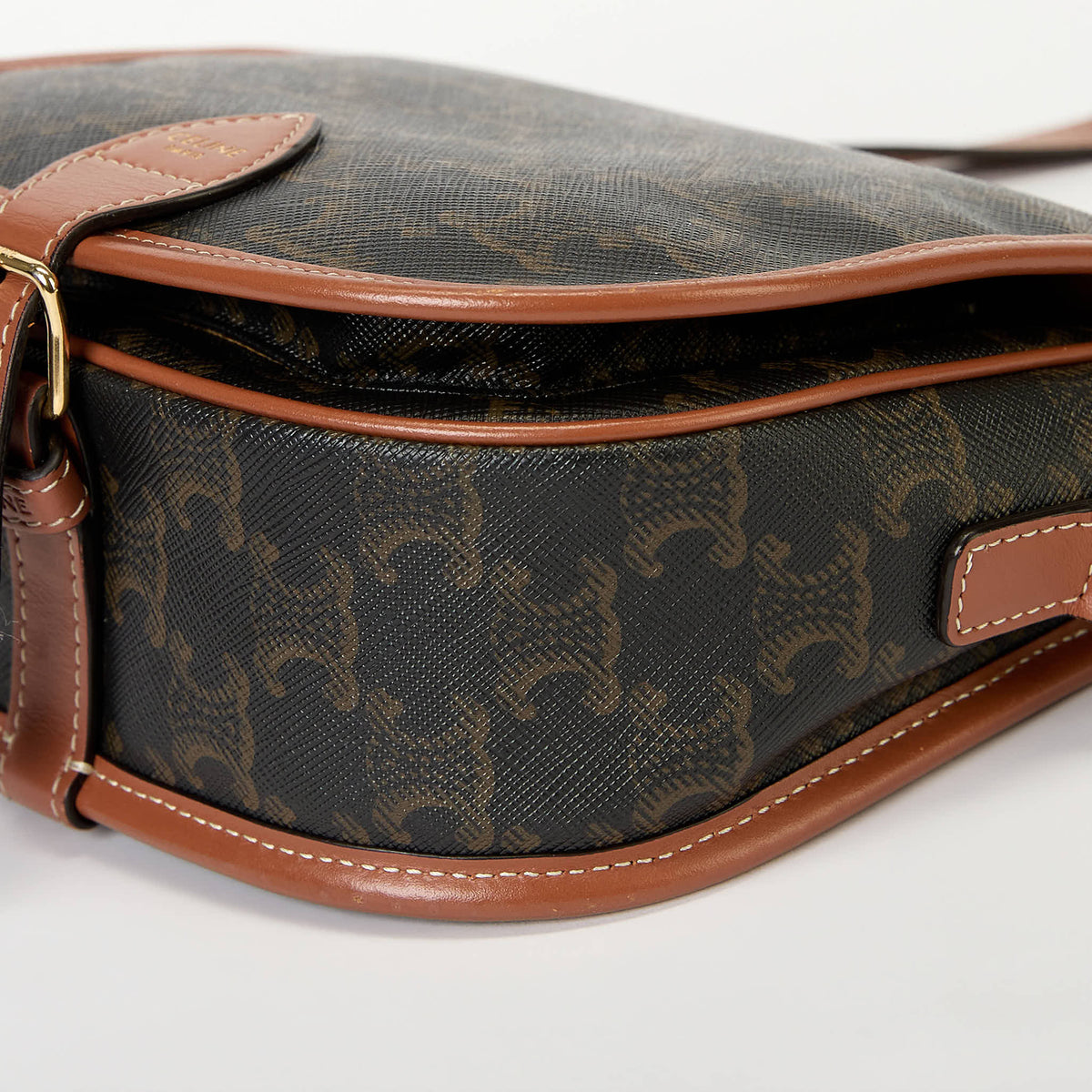 Celine Folco Triomphe Canvas Saddle Crossbody Bag Tan Leather Trim Gold Hardware
