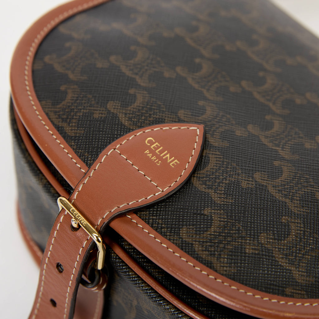 Celine Folco Triomphe Canvas Saddle Crossbody Bag Tan Leather Trim Gold Hardware