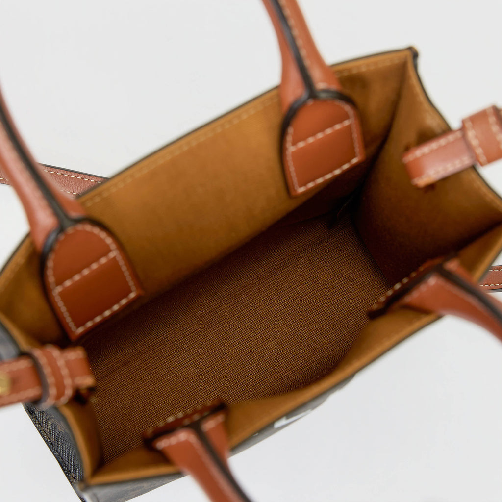 Celine Mini Vertical Cabas Tote Triomphe Canvas Tan Leather Trim With Strap