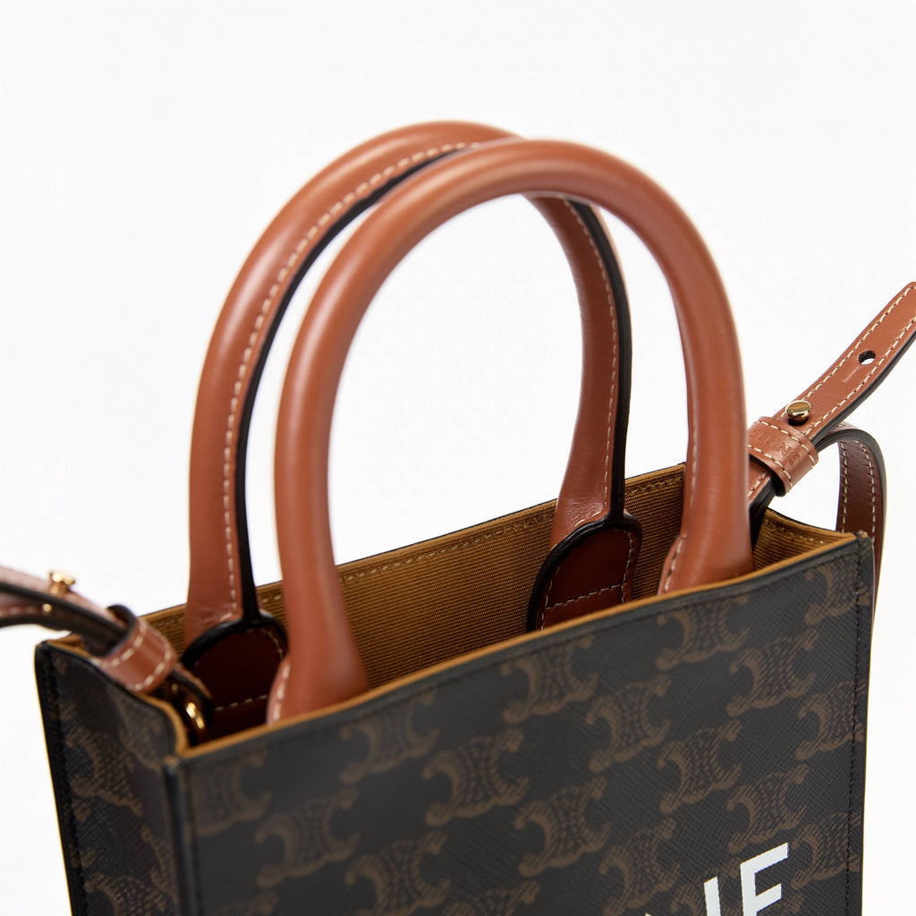 Celine Mini Vertical Cabas Tote Triomphe Canvas Tan Leather Trim With Strap