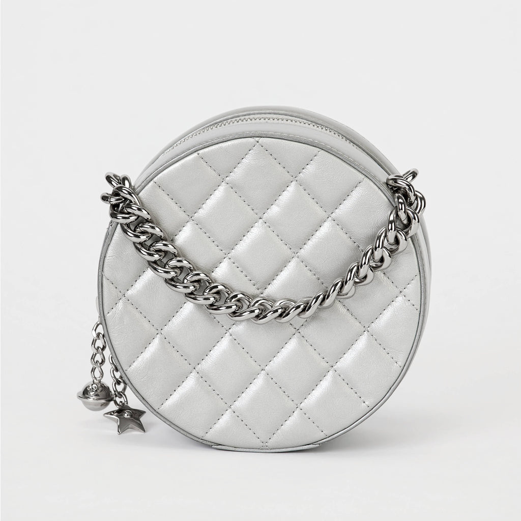 Chanel Round Vanity Case Metallic Silver Calfskin Silver‑Tone Hardware Crossbody Bag