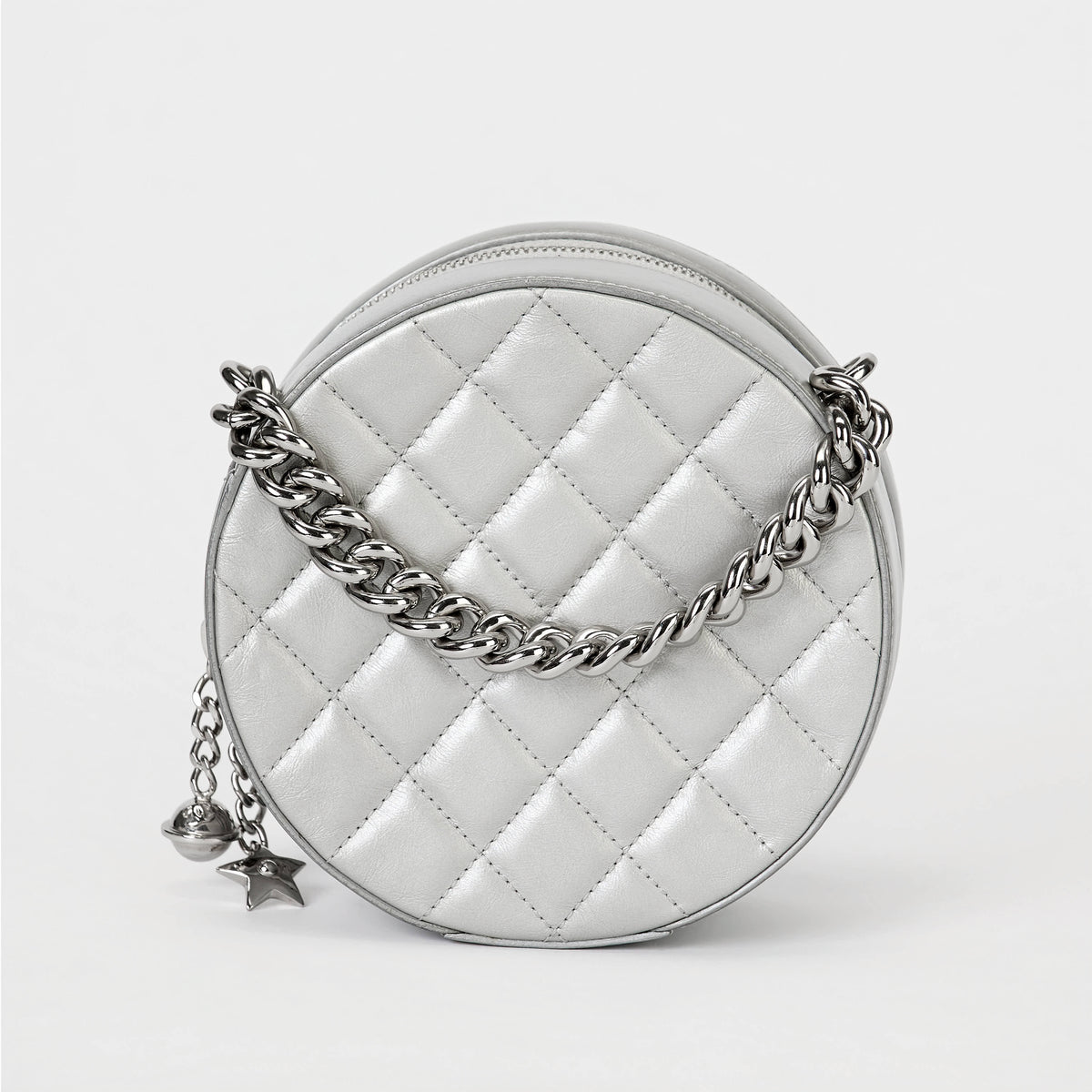 Chanel Round Vanity Case Metallic Silver Calfskin Silver‑Tone Hardware Crossbody Bag