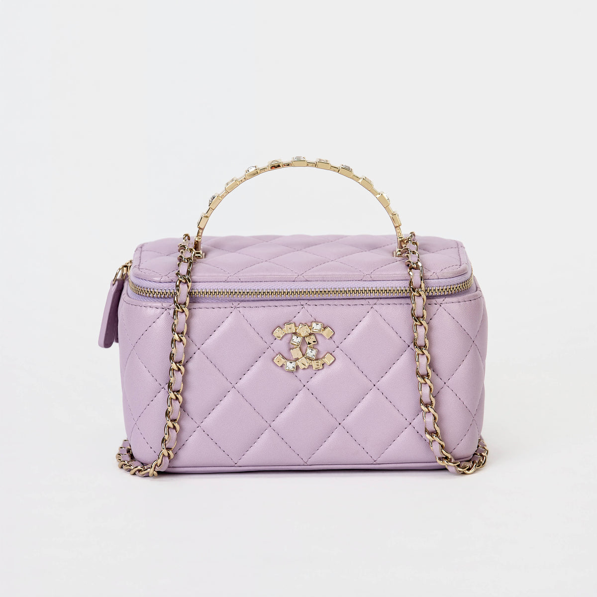 Chanel Vanity Case Light Purple Lambskin Gold‑Tone Hardware Crystal Handle Crossbody Bag
