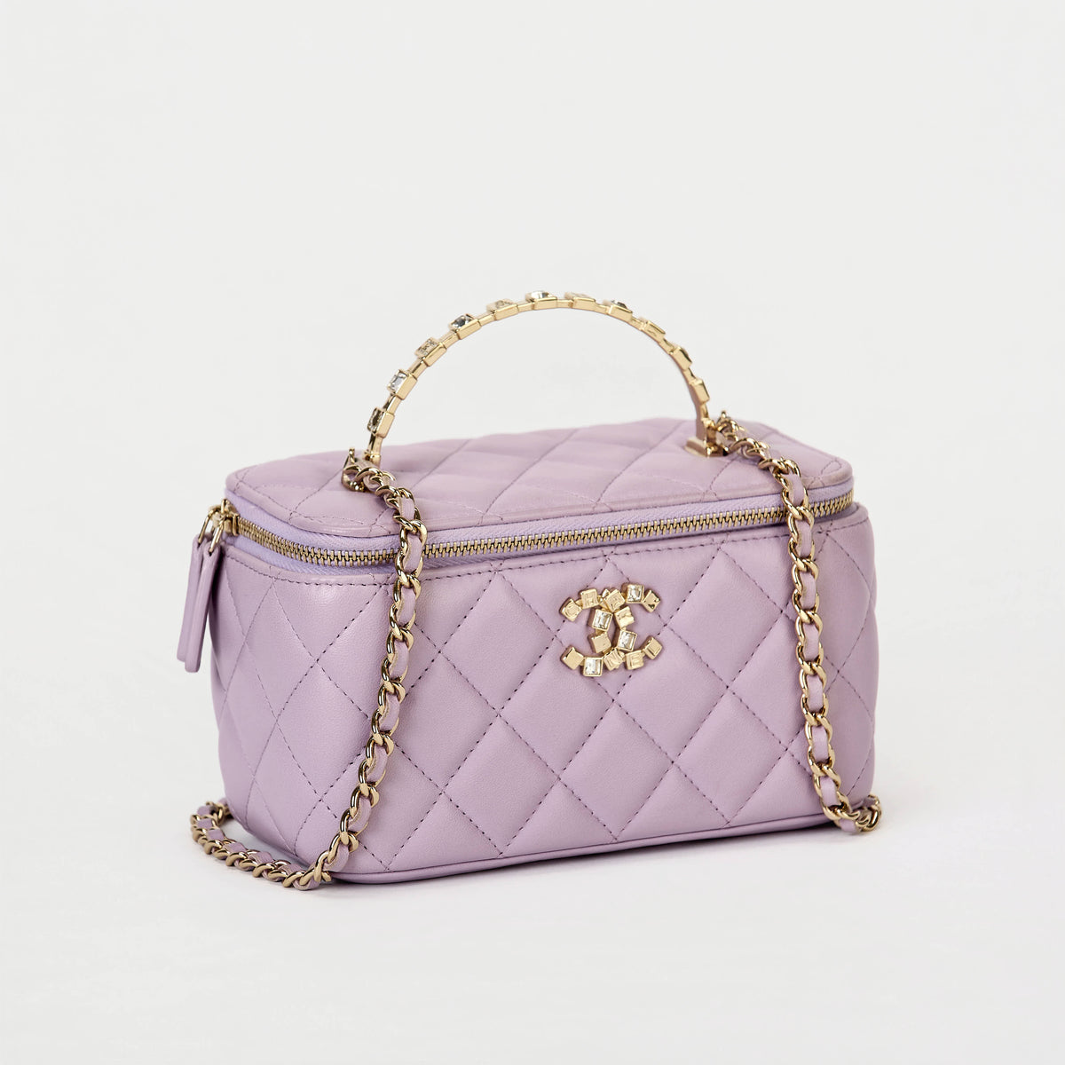 Chanel Vanity Case Light Purple Lambskin Gold‑Tone Hardware Crystal Handle Crossbody Bag
