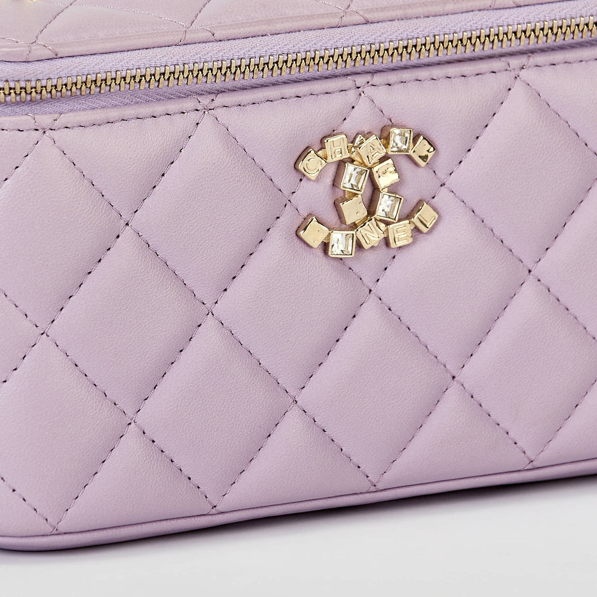 Chanel Vanity Case Light Purple Lambskin Gold‑Tone Hardware Crystal Handle Crossbody Bag