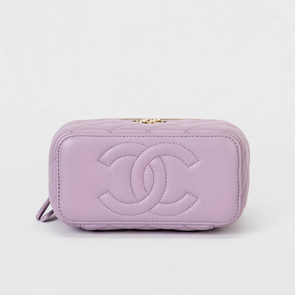 Chanel Vanity Case Light Purple Lambskin Gold‑Tone Hardware Crystal Handle Crossbody Bag