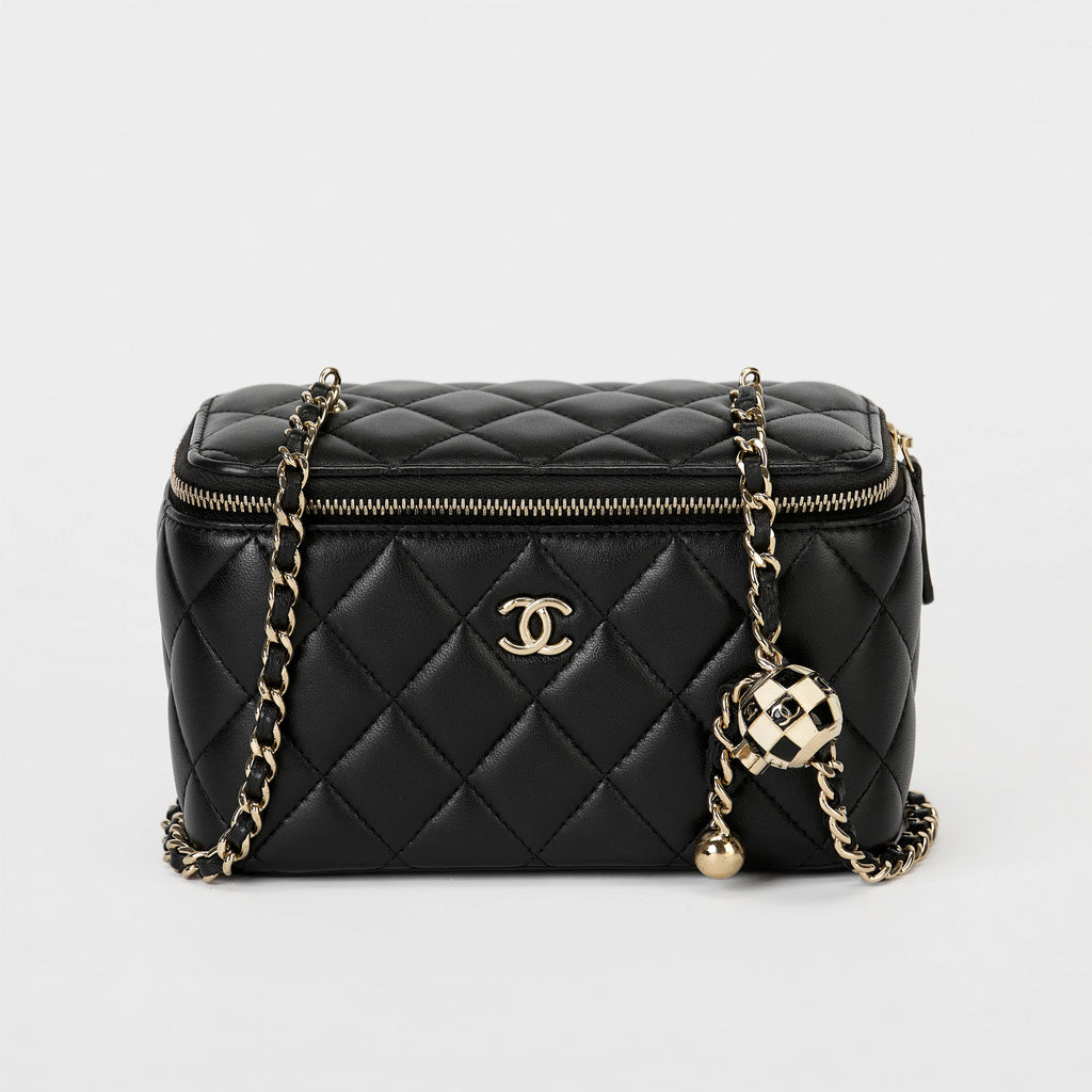 Chanel Vanity Case Black Lambskin Gold‑Tone Hardware Checker Ball Chain Crossbody Bag