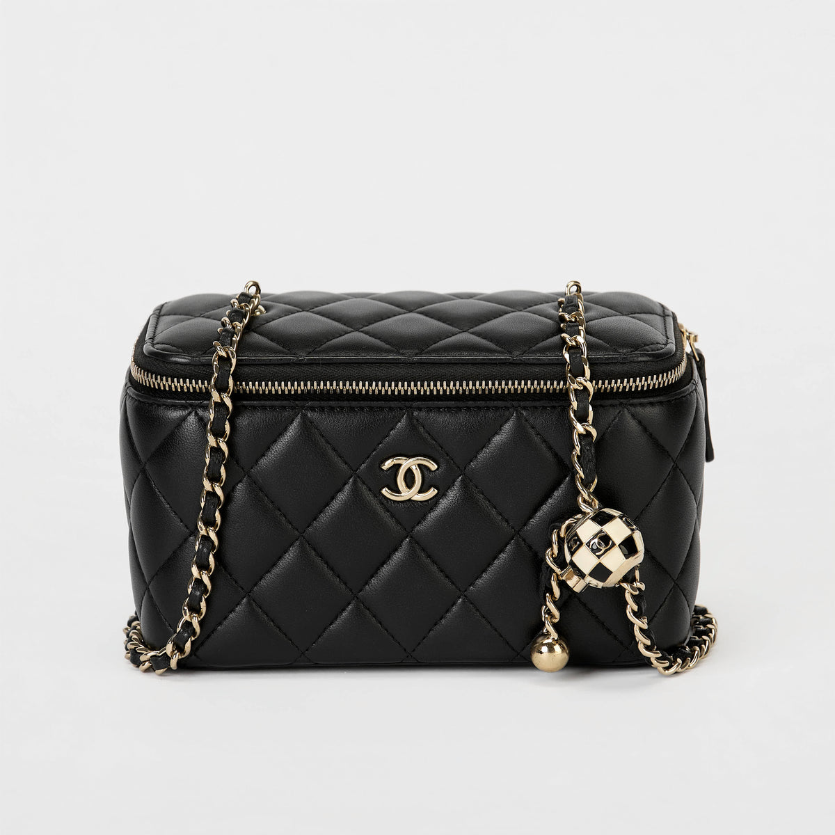 Chanel Vanity Case Black Lambskin Gold‑Tone Hardware Checker Ball Chain Crossbody Bag