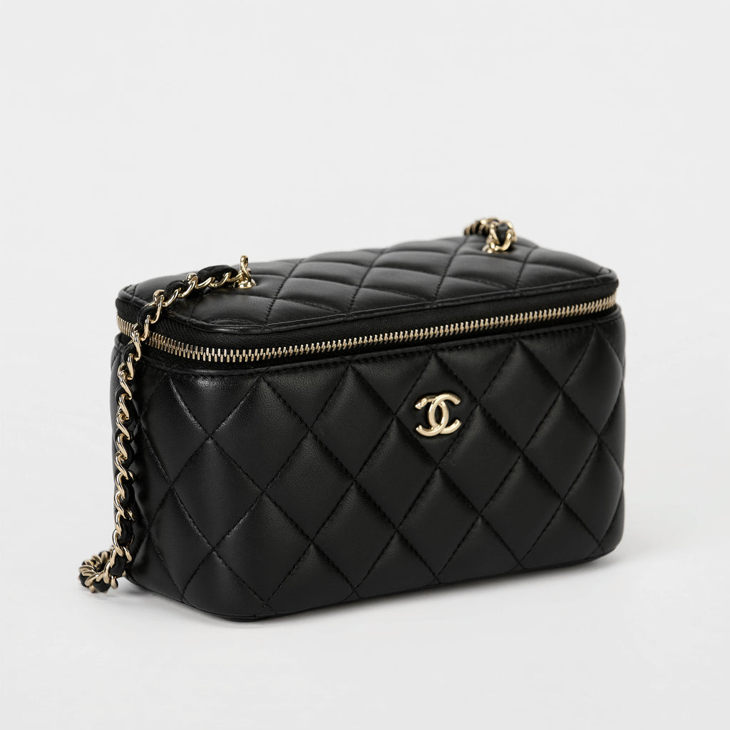 Chanel Vanity Case Black Lambskin Gold‑Tone Hardware Checker Ball Chain Crossbody Bag