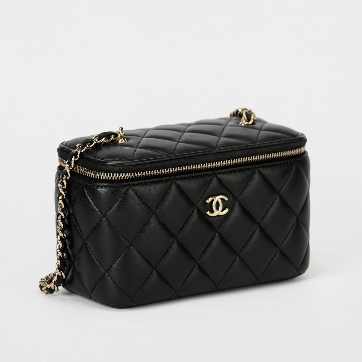 Chanel Vanity Case Black Lambskin Gold‑Tone Hardware Checker Ball Chain Crossbody Bag