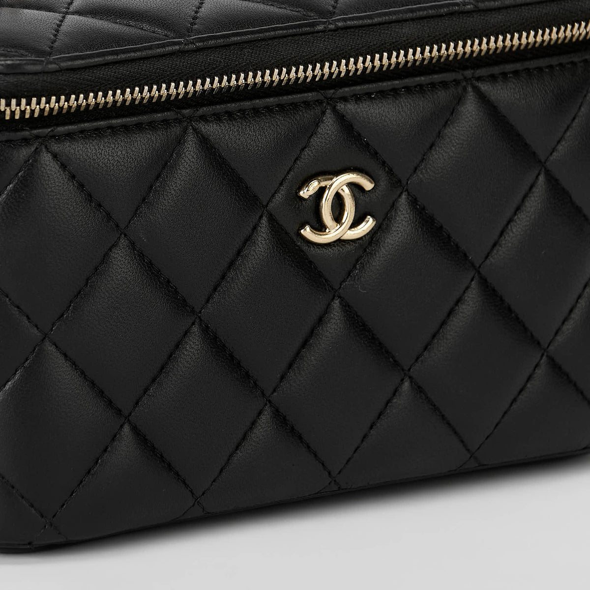 Chanel Vanity Case Black Lambskin Gold‑Tone Hardware Checker Ball Chain Crossbody Bag