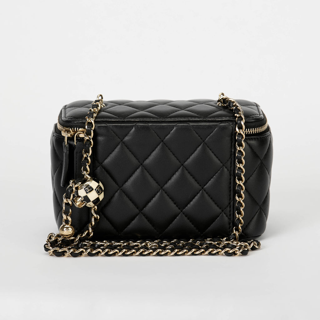 Chanel Vanity Case Black Lambskin Gold‑Tone Hardware Checker Ball Chain Crossbody Bag