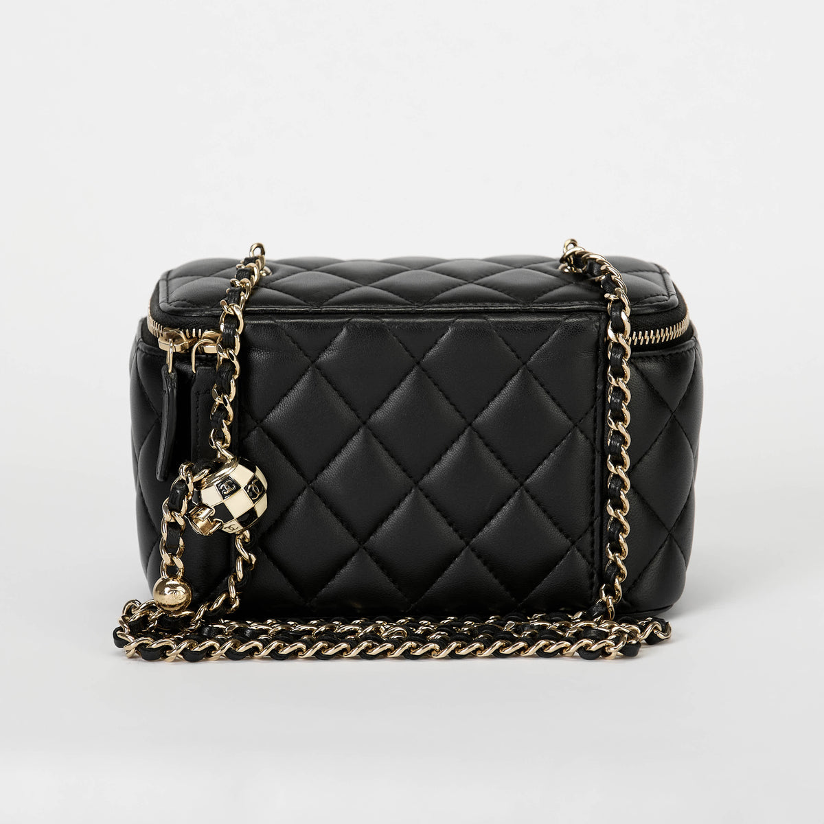 Chanel Vanity Case Black Lambskin Gold‑Tone Hardware Checker Ball Chain Crossbody Bag