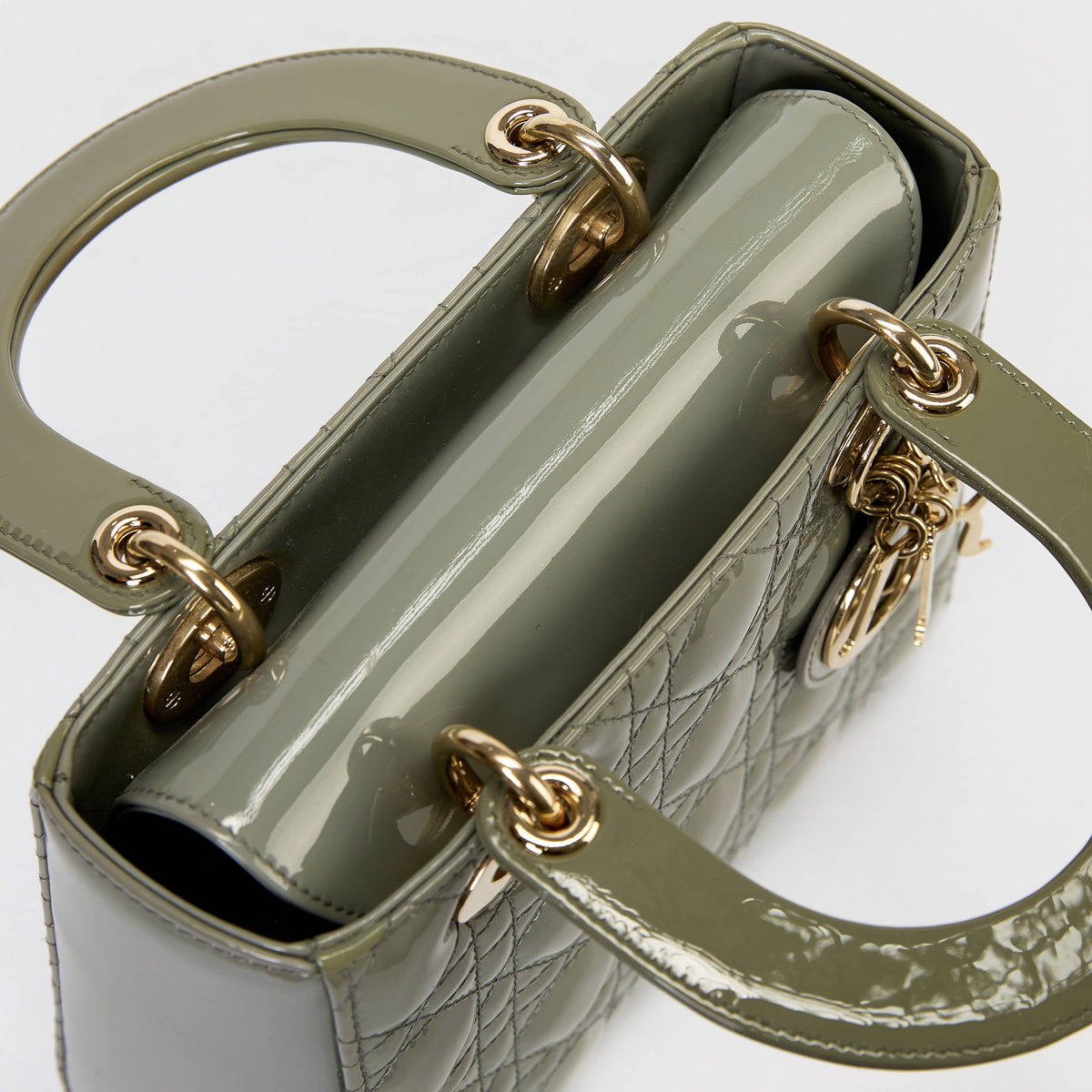 Dior Small Lady Dior Bag Sage Green Patent Cannage Leather Gold‑Tone Hardware With Strap