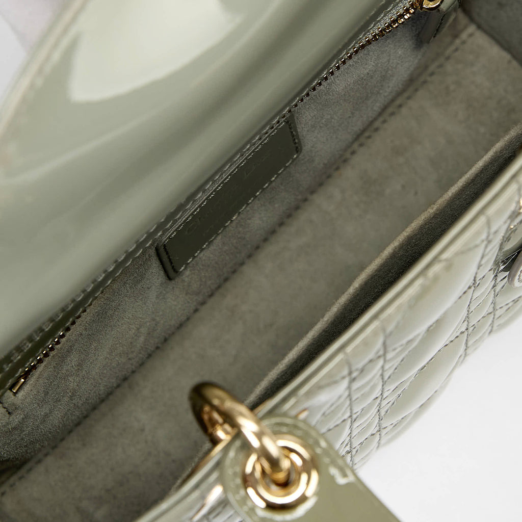 Dior Small Lady Dior Bag Sage Green Patent Cannage Leather Gold‑Tone Hardware With Strap