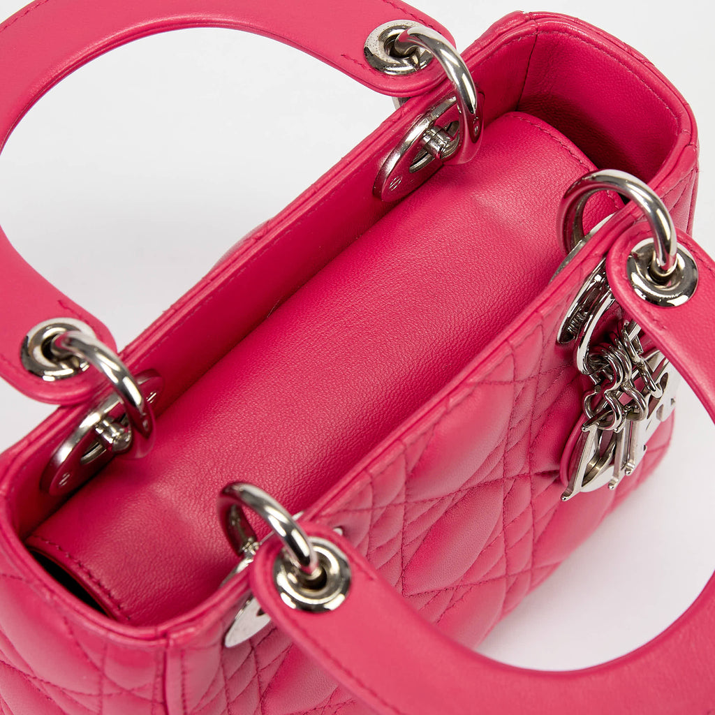 Dior Small Lady Dior Bag Bright Pink Cannage Calfskin Leather Silver‑Tone Hardware With Strap