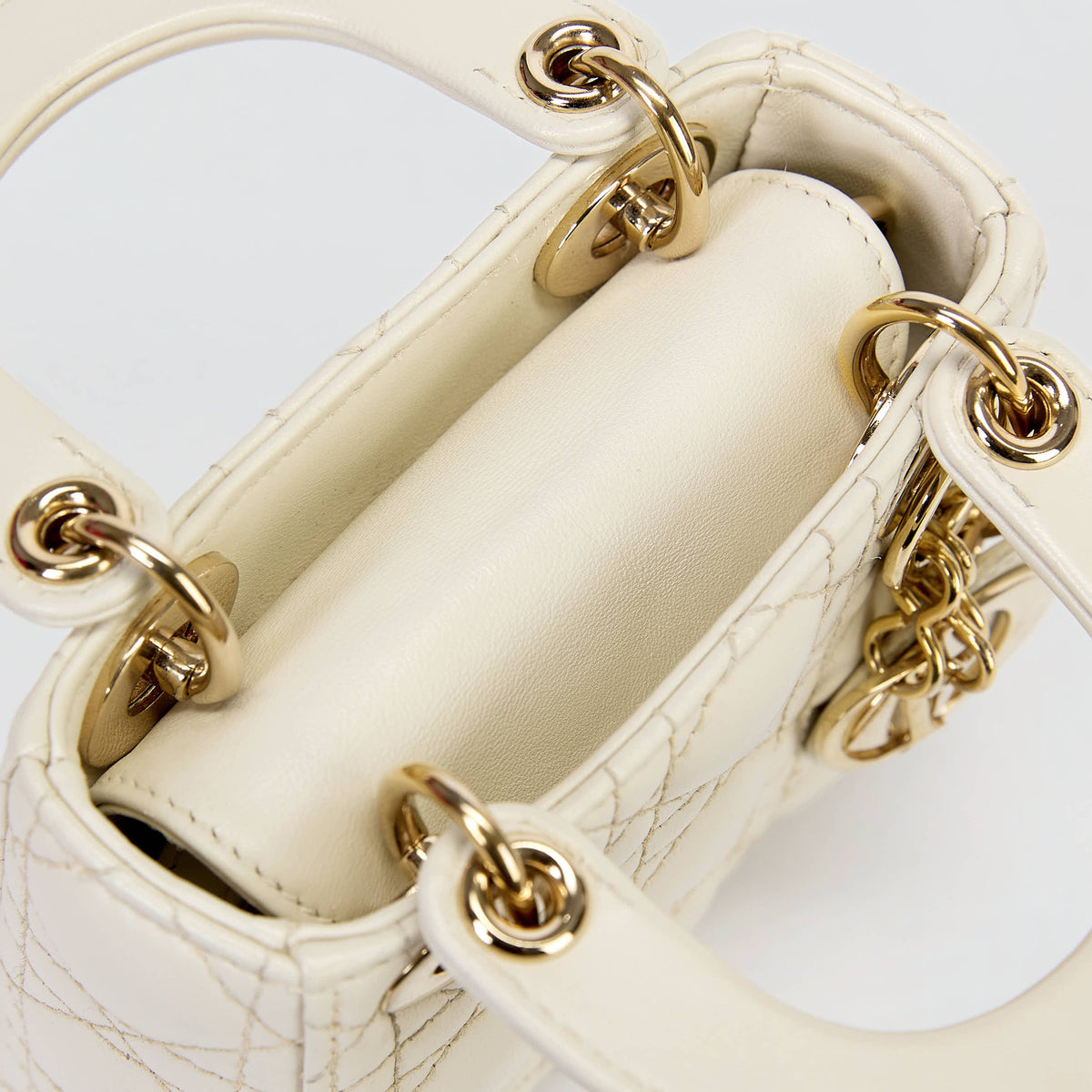 Dior Micro Lady Dior Bag Off‑White Cannage Calfskin Leather Gold‑Tone Hardware With Strap