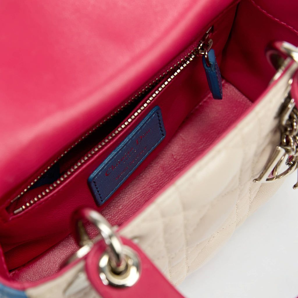 Dior Small Lady Dior Bag Tri‑Color Cannage Calfskin Leather Silver‑Tone Hardware With Strap