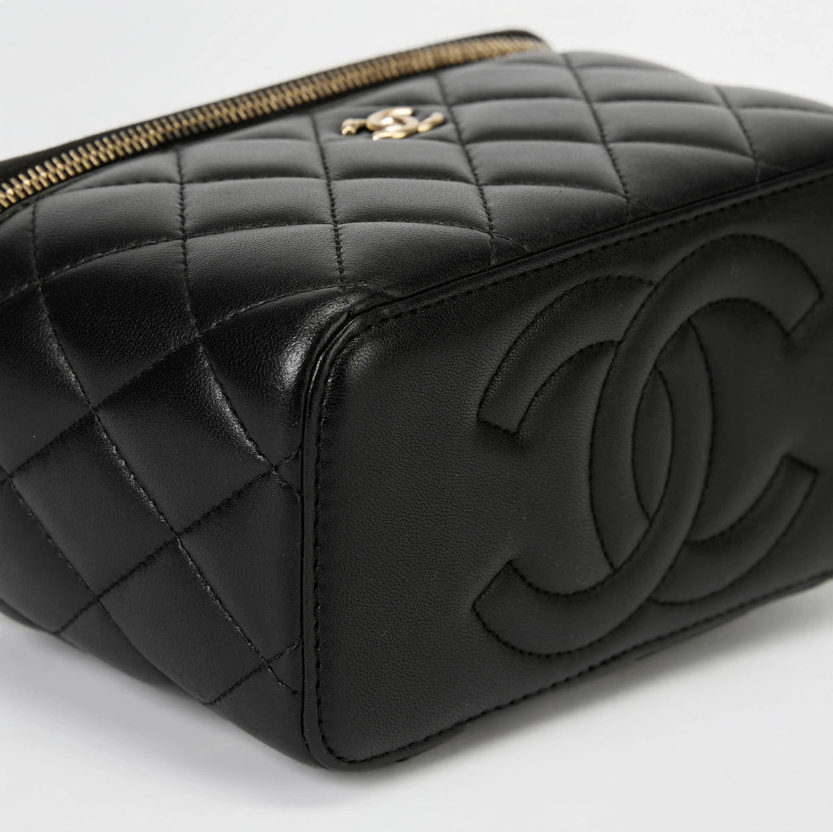 Chanel Vanity Case Black Lambskin Gold‑Tone Hardware Checker Ball Chain Crossbody Bag