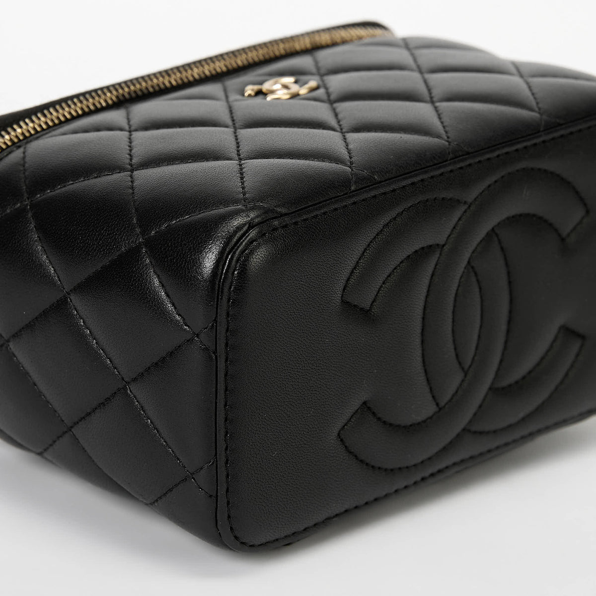 Chanel Vanity Case Black Lambskin Gold‑Tone Hardware Checker Ball Chain Crossbody Bag