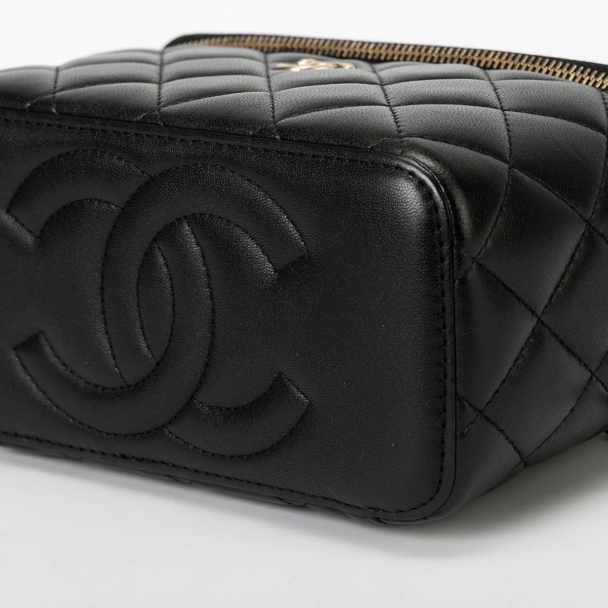 Chanel Vanity Case Black Lambskin Gold‑Tone Hardware Checker Ball Chain Crossbody Bag