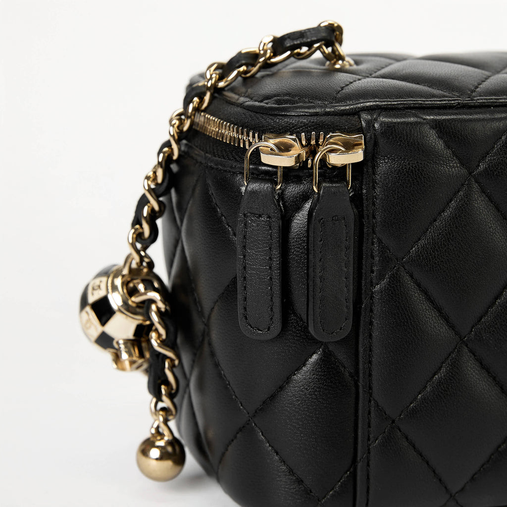 Chanel Vanity Case Black Lambskin Gold‑Tone Hardware Checker Ball Chain Crossbody Bag