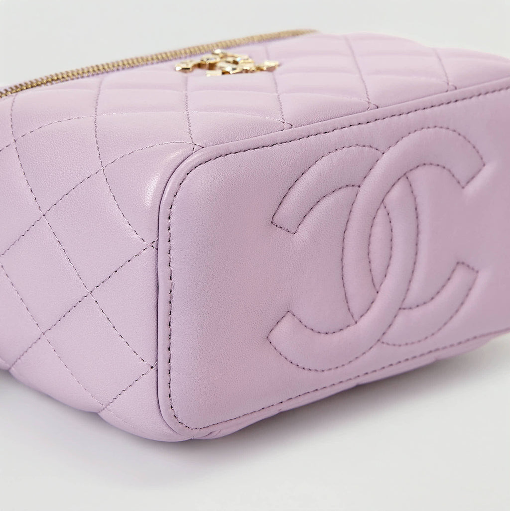 Chanel Vanity Case Light Purple Lambskin Gold‑Tone Hardware Crystal Handle Crossbody Bag