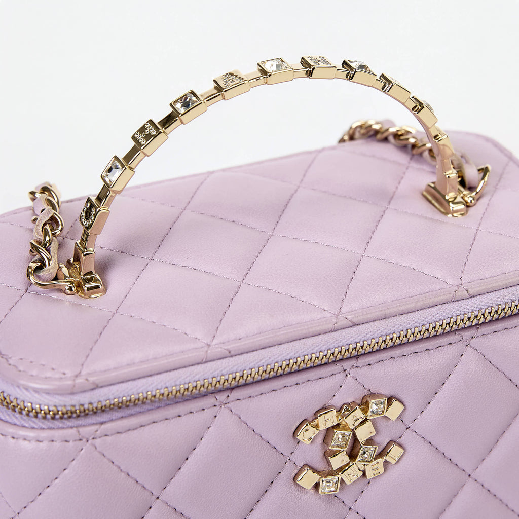 Chanel Vanity Case Light Purple Lambskin Gold‑Tone Hardware Crystal Handle Crossbody Bag