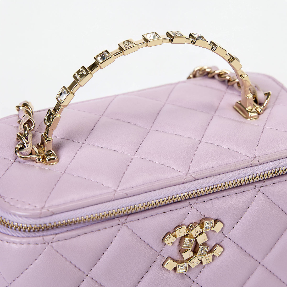 Chanel Vanity Case Light Purple Lambskin Gold‑Tone Hardware Crystal Handle Crossbody Bag