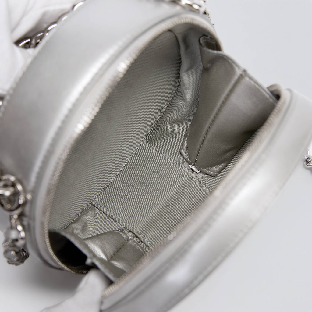 Chanel Round Vanity Case Metallic Silver Calfskin Silver‑Tone Hardware Crossbody Bag