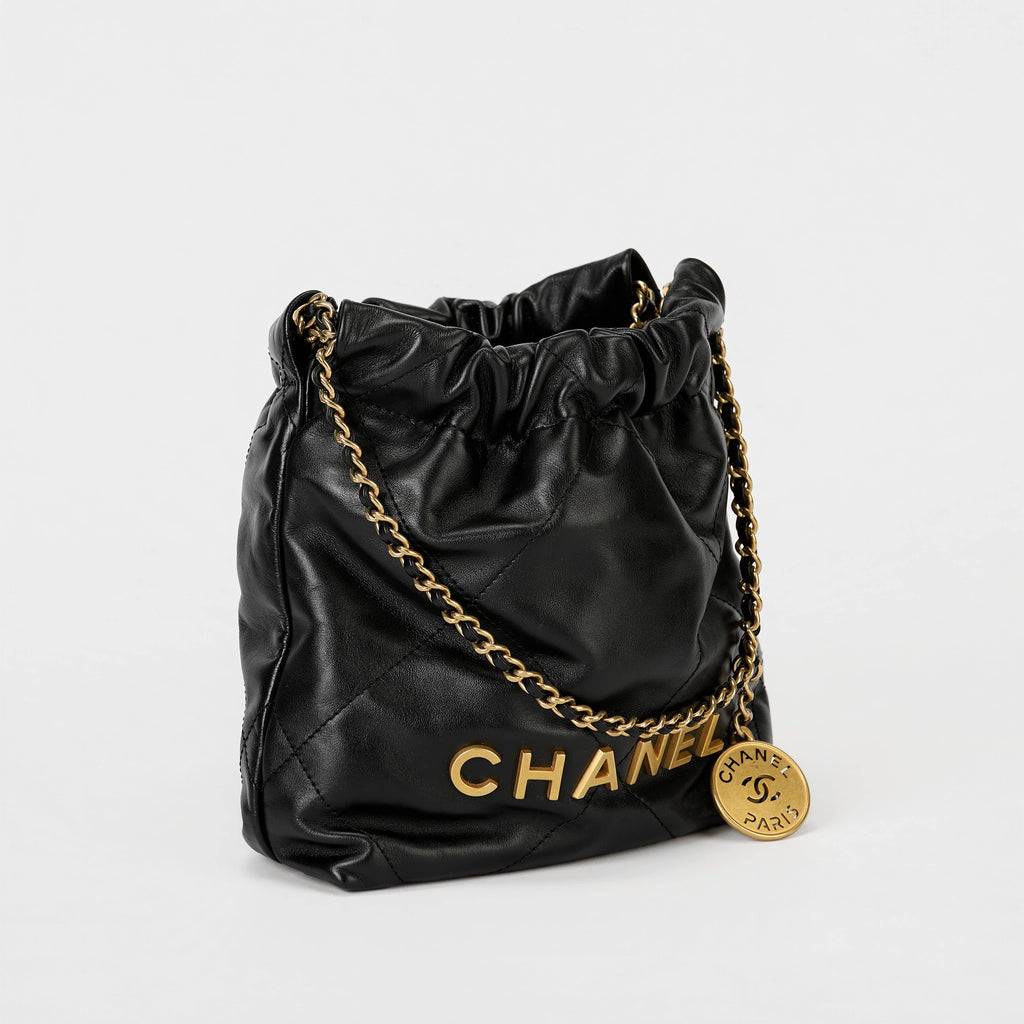 Chanel 22 Mini Bucket Bag Black Shiny Calfskin Gold‑Tone Hardware Shoulder & Crossbody Bag