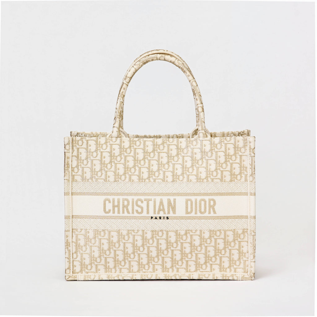 Dior Book Tote Medium Dior Oblique Gold‑Metallic Embroidery Ivory Canvas Tote Bag