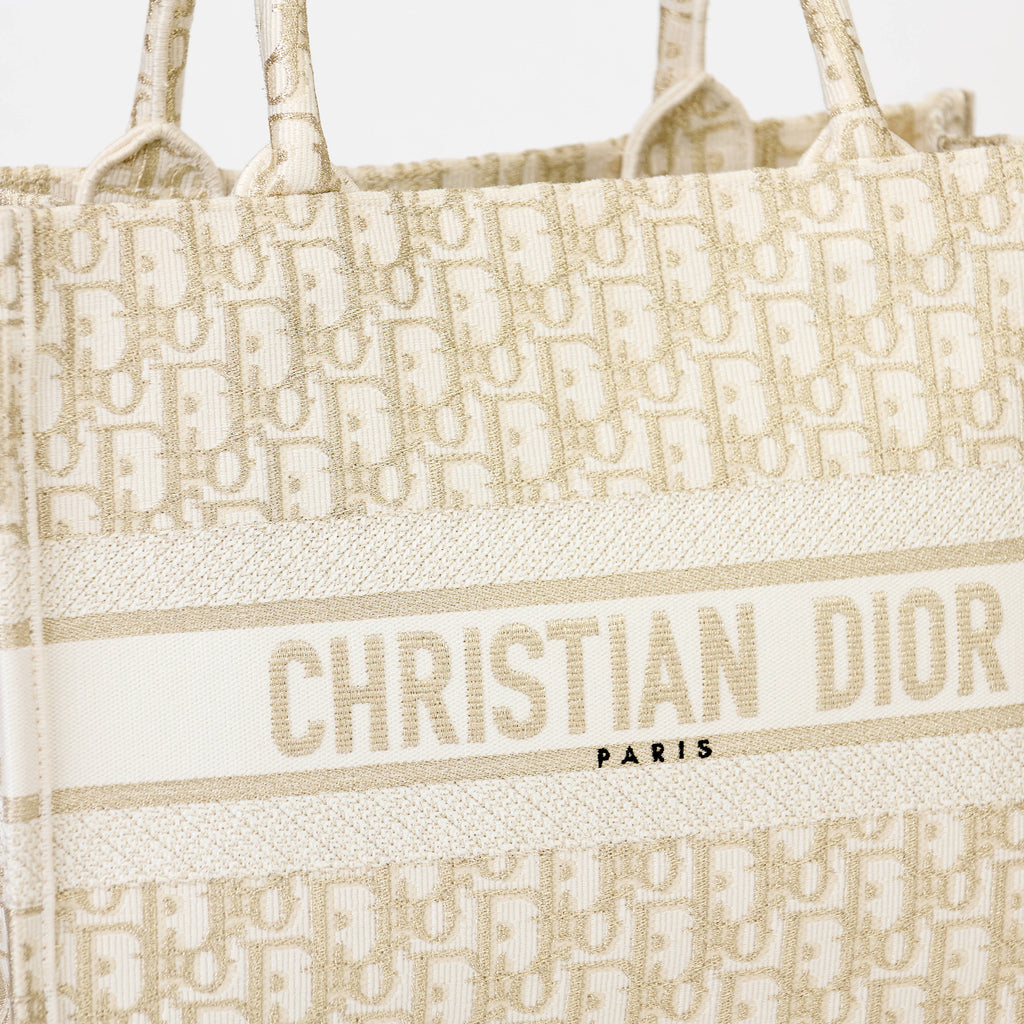 Dior Book Tote Medium Dior Oblique Gold‑Metallic Embroidery Ivory Canvas Tote Bag