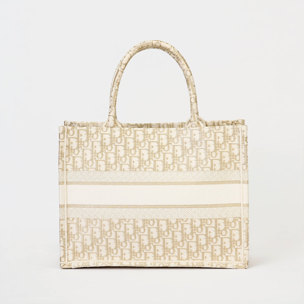Dior Book Tote Medium Dior Oblique Gold‑Metallic Embroidery Ivory Canvas Tote Bag