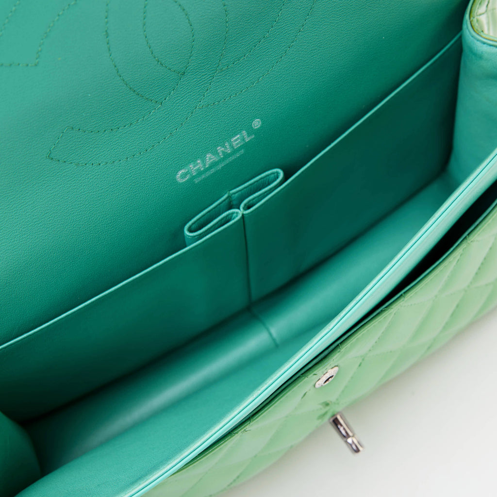 Chanel Classic Flap Jumbo Bright Green Patent
Leather Silver Hardware Double Flap