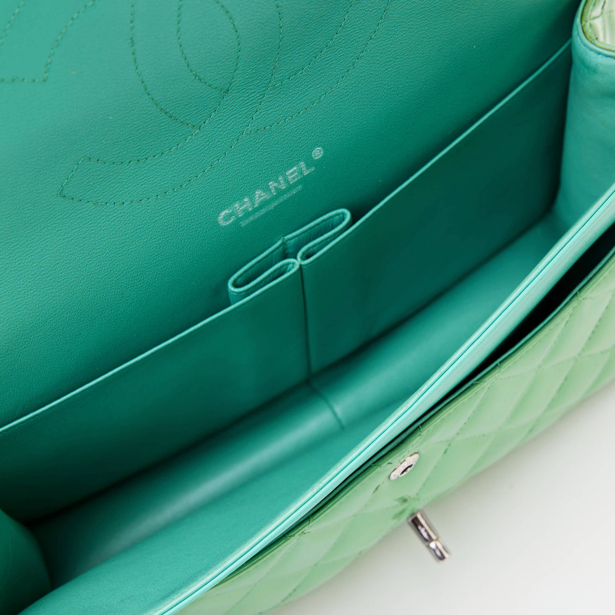 Chanel Classic Flap Jumbo Bright Green Patent
Leather Silver Hardware Double Flap