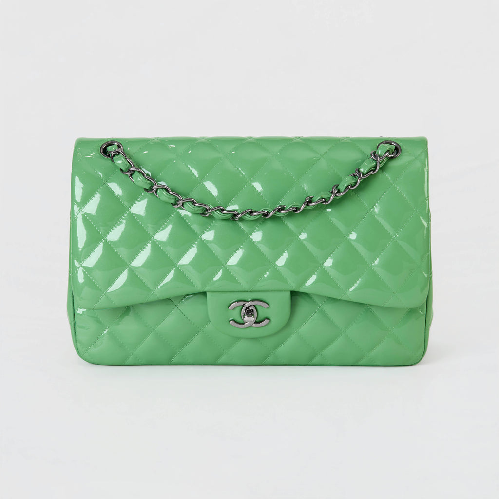 Chanel Classic Flap Jumbo Bright Green Patent
Leather Silver Hardware Double Flap