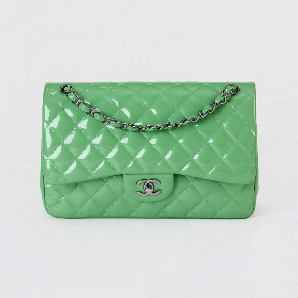 Chanel Classic Flap Jumbo Bright Green Patent
Leather Silver Hardware Double Flap
