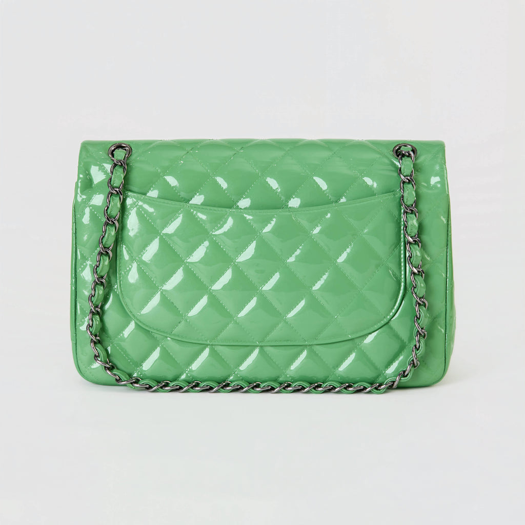 Chanel Classic Flap Jumbo Bright Green Patent
Leather Silver Hardware Double Flap