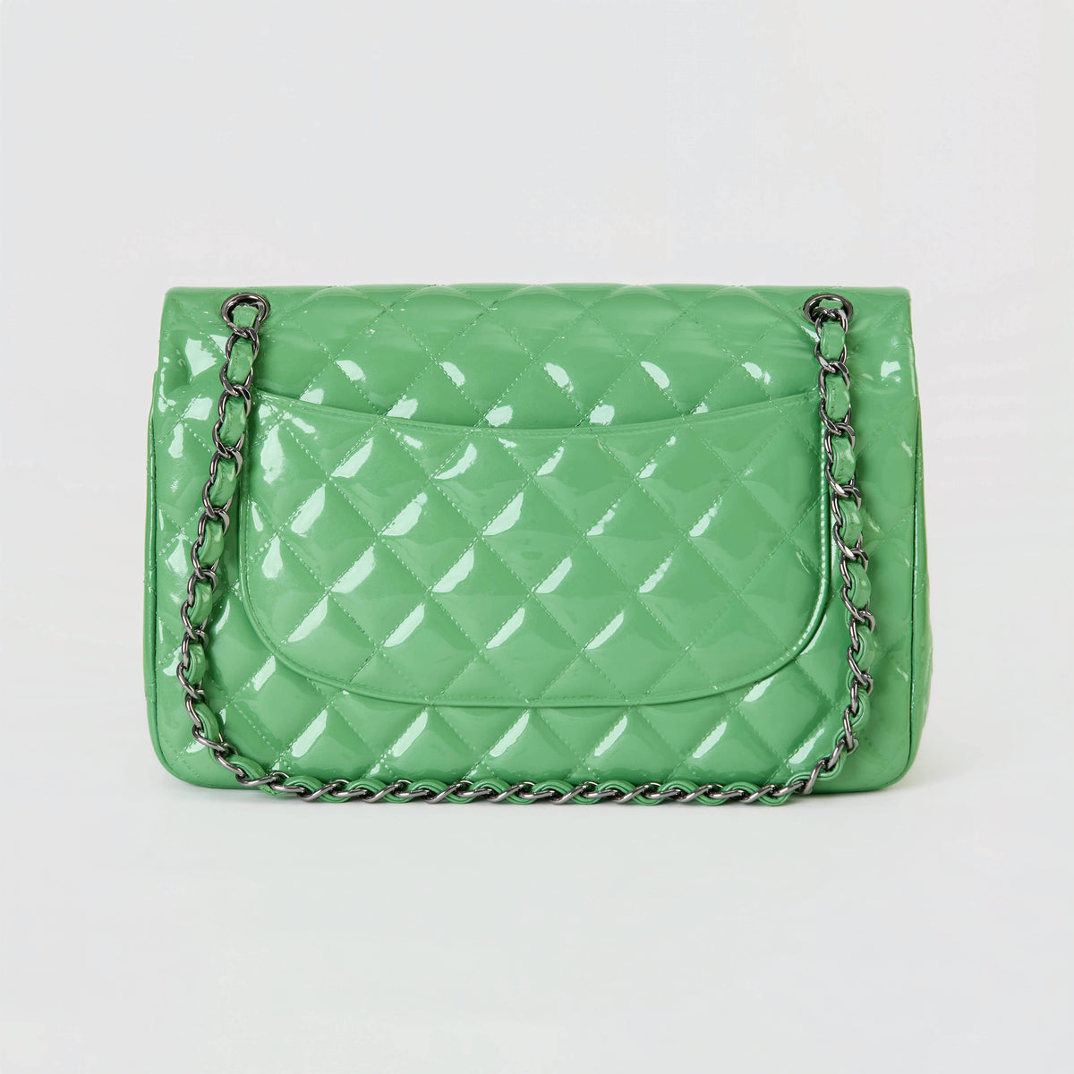 Chanel Classic Flap Jumbo Bright Green Patent
Leather Silver Hardware Double Flap
