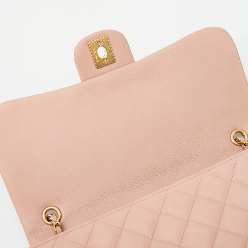 Chanel Classic Flap Medium Beige Lambskin  Gold‑Tone Grid‑Textured Corner Guards Double Flap