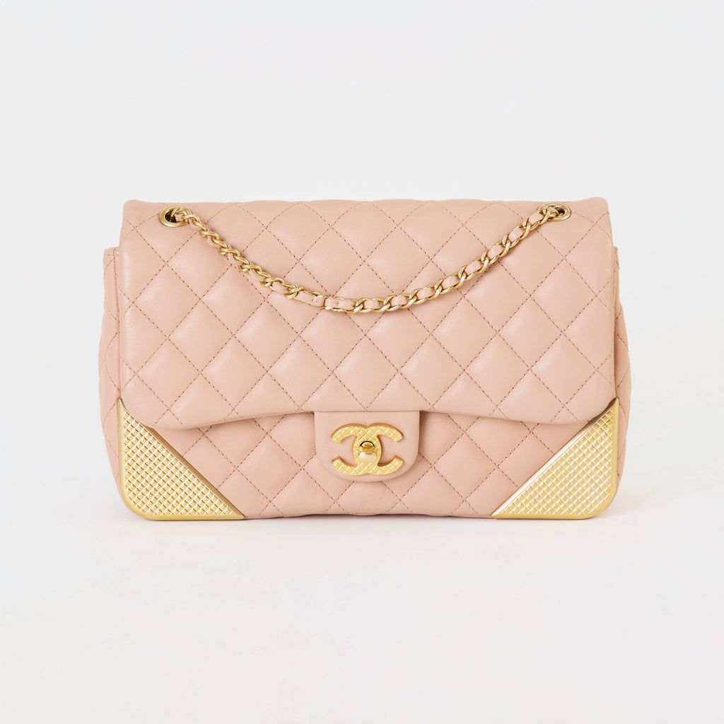 Chanel Classic Flap Medium Beige Lambskin  Gold‑Tone Grid‑Textured Corner Guards Double Flap